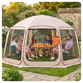 Screen House Tent, 15 x 13.8 ft, 12-15 Person Pop Up Screen Tent, Portable Screened in Canopy with Carry Bag, Netting Sides, Ground Stakes, for Garden, Patio, Backyard, Outdoor Activities, Beige