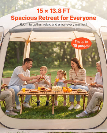 Screen House Tent, 15 x 13.8 ft, 12-15 Person Pop Up Screen Tent, Portable Screened in Canopy with Carry Bag, Netting Sides, Ground Stakes, for Garden, Patio, Backyard, Outdoor Activities, Beige