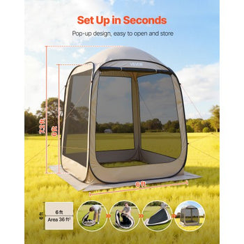 Screen House Tent, 6 x 6 ft, 4-6 Person Pop Up Screen Tent, Portable Screened in Canopy with Carry Bag, Netting Sides, Ground Stakes, for Garden, Patio, Backyard, and Outdoor Activities, Beige