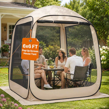 Screen House Tent, 6 x 6 ft, 4-6 Person Pop Up Screen Tent, Portable Screened in Canopy with Carry Bag, Netting Sides, Ground Stakes, for Garden, Patio, Backyard, and Outdoor Activities, Beige