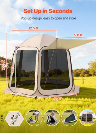 Screen House Tent, 10 x 9.2 ft, 4-8 Person Pop Up Screen Tent with Extended Awning, Portable Screened in Canopy with Carry Bag, Netting Sides, for Patio, Backyard, and Outdoor Activities, Beige