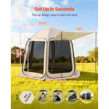 Screen House Tent, 10 x 9.2 ft, 4-8 Person Pop Up Screen Tent with Extended Awning, Portable Screened in Canopy with Carry Bag, Netting Sides, for Patio, Backyard, and Outdoor Activities, Beige