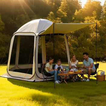 Screen House Tent, 10 x 9.2 ft, 4-8 Person Pop Up Screen Tent with Extended Awning, Portable Screened in Canopy with Carry Bag, Netting Sides, for Patio, Backyard, and Outdoor Activities, Beige