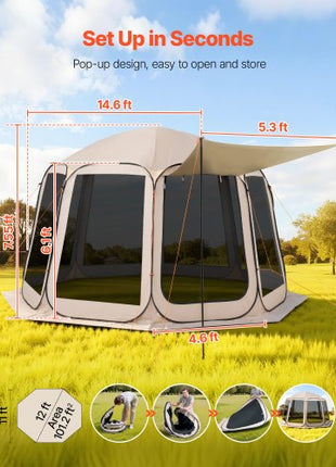 Screen House Tent, 12 x 11 ft, 10-12 Person Pop Up Screen Tent with Extended Awning, Portable Screened in Canopy with Carry Bag, Netting Sides, for Patio, Backyard, and Outdoor Activities, Beige