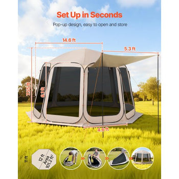 Screen House Tent, 12 x 11 ft, 10-12 Person Pop Up Screen Tent with Extended Awning, Portable Screened in Canopy with Carry Bag, Netting Sides, for Patio, Backyard, and Outdoor Activities, Beige