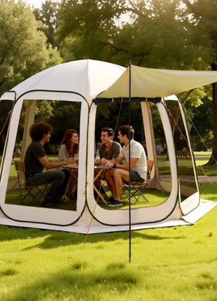Screen House Tent, 12 x 11 ft, 10-12 Person Pop Up Screen Tent with Extended Awning, Portable Screened in Canopy with Carry Bag, Netting Sides, for Patio, Backyard, and Outdoor Activities, Beige