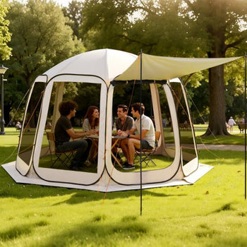 Screen House Tent, 12 x 11 ft, 10-12 Person Pop Up Screen Tent with Extended Awning, Portable Screened in Canopy with Carry Bag, Netting Sides, for Patio, Backyard, and Outdoor Activities, Beige