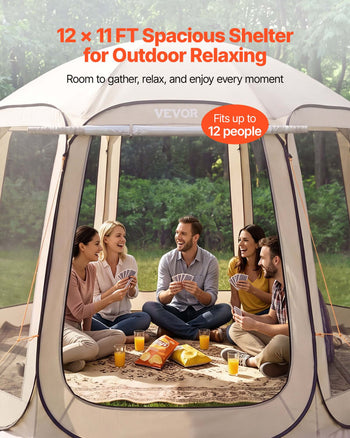 Screen House Tent, 12 x 11 ft, 10-12 Person Pop Up Screen Tent with Extended Awning, Portable Screened in Canopy with Carry Bag, Netting Sides, for Patio, Backyard, and Outdoor Activities, Beige
