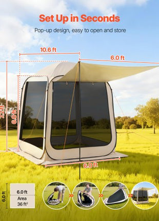 Screen House Tent, 6 x 6 ft, 4-6 Person Pop Up Screen Tent with Extended Awning, Portable Screened in Canopy with Carry Bag, Netting Sides, for Patio, Backyard, and Outdoor Activities, Beige
