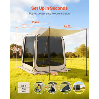 Screen House Tent, 6 x 6 ft, 4-6 Person Pop Up Screen Tent with Extended Awning, Portable Screened in Canopy with Carry Bag, Netting Sides, for Patio, Backyard, and Outdoor Activities, Beige