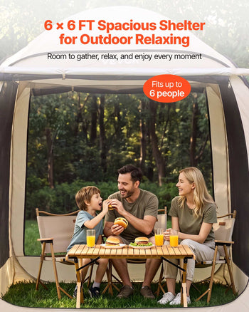 Screen House Tent, 6 x 6 ft, 4-6 Person Pop Up Screen Tent with Extended Awning, Portable Screened in Canopy with Carry Bag, Netting Sides, for Patio, Backyard, and Outdoor Activities, Beige