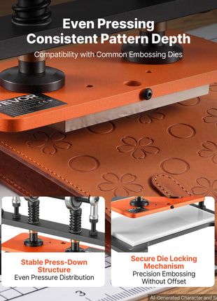 Leather Cutting Machine 10.24 x 4.72 in Embossing Plate Die Cutter, Hand Press Leather Embossing & Die Cutting, 3300 lbs Pressure, 0.47 in Stroke, Dual Guide Shafts, for Fabric, Paper, Silicone