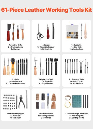 Leather Working Tools Kit, 61 PCS Leather Craft Tools with Portable Canvas Storage Bag, Engraving Punching Sewing Stamping Sanding Tools, Ideal for Beginners DIY Enthusiasts and Professionals
