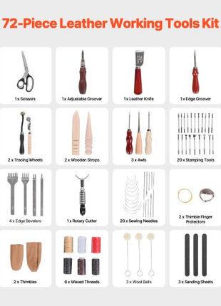 Leather Working Tools Kit, 72 PCS Leather Craft Tools with Portable Leather Storage Bag, Engraving Punching Sewing Stamping Sanding Tools, Ideal for Beginners DIY Enthusiasts and Professionals