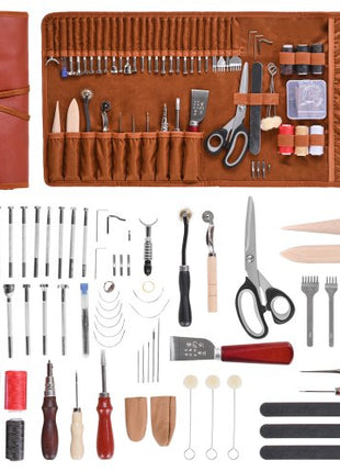 Leather Working Tools Kit, 72 PCS Leather Craft Tools with Portable Leather Storage Bag, Engraving Punching Sewing Stamping Sanding Tools, Ideal for Beginners DIY Enthusiasts and Professionals