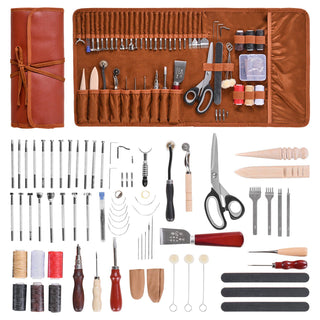 Leather Working Tools Kit, 72 PCS Leather Craft Tools with Portable Leather Storage Bag, Engraving Punching Sewing Stamping Sanding Tools, Ideal for Beginners DIY Enthusiasts and Professionals