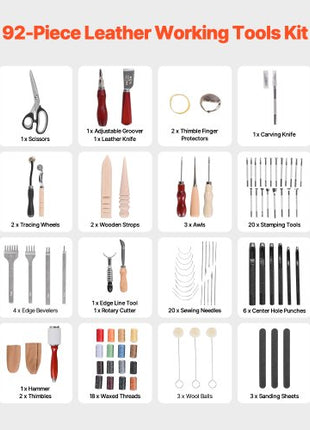 Leather Working Tools Kit, 92 PCS Leather Craft Tools with Portable Leather Storage Bag, Engraving Punching Sewing Stamping Sanding Tools, Ideal for Beginners DIY Enthusiasts and Professionals