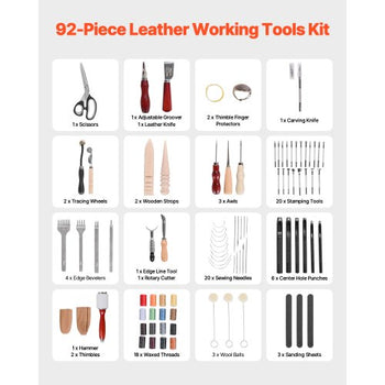 Leather Working Tools Kit, 92 PCS Leather Craft Tools with Portable Leather Storage Bag, Engraving Punching Sewing Stamping Sanding Tools, Ideal for Beginners DIY Enthusiasts and Professionals
