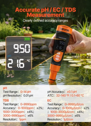 pH Meter, Accurate pH/EC (Conductivity)/TDS (ppm) Multi-Parameter Measurement, IP68 Waterproof Probe, Pocket Tester Kit with Calibration Powder Packets, VA Display, for Water Quality Testing