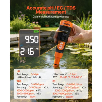 pH Meter, Accurate pH/EC (Conductivity)/TDS (ppm) Multi-Parameter Measurement, IP68 Waterproof Probe, Pocket Tester Kit with Calibration Powder Packets, VA Display, for Water Quality Testing