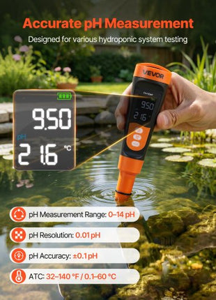 pH Meter, 0-14 pH Range, IP68 Waterproof Probe, Pocket Tester Kit with Calibration Powder Packets, VA Display Screen, for Drinking Water, Hydroponics, and Aquarium Water Quality Testing