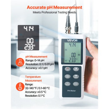 pH Meter, 0-14 pH Range, IP68 Waterproof Probe, 3-Point Auto Calibration, Portable Tester Kit with Calibration Powder Packets, Temperature Probe, Carrying Case, for Drinking Water, Hydroponics