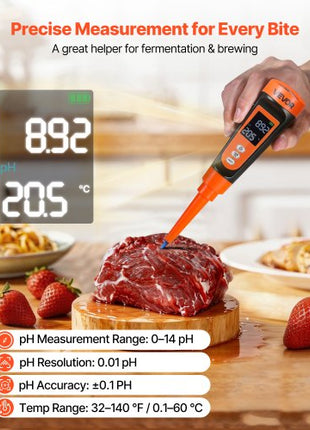 Food pH Meter, 0-14 pH Range, IP68 Waterproof Probe, Pocket Tester Kit with Automatic Temperature Compensation, Calibration Powder Packets, Easy to Read, for Food Fermentation, Dough, Meat