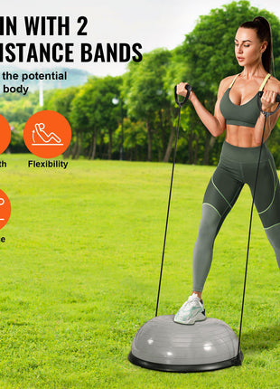 Half Exercise Ball Trainer, 23 inch Balance Ball Trainer, 660lbs Capacity Stability Ball, Yoga Ball with Resistance Bands & Foot Pump, Strength Fitness Ball for Home Gym, Full Body Workout, Gray