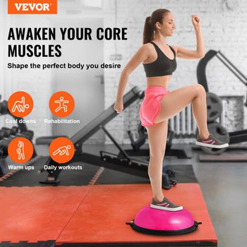 Half Exercise Ball Trainer, 26 inch Balance Ball Trainer, 1500lbs Capacity Stability Ball, Yoga Ball with Resistance Bands & Foot Pump, Strength Fitness Ball for Home Gym Full Body Workout, Pink