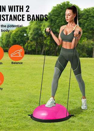 Half Exercise Ball Trainer, 26 inch Balance Ball Trainer, 1500lbs Capacity Stability Ball, Yoga Ball with Resistance Bands & Foot Pump, Strength Fitness Ball for Home Gym Full Body Workout, Pink
