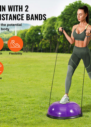 Half Exercise Ball Trainer, 23 inch Balance Ball Trainer, 660lbs Stability Ball, Yoga Ball with Resistance Bands & Foot Pump, Strength Fitness Ball for Home Gym, Full Body Workout, Purple