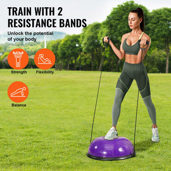 Half Exercise Ball Trainer, 23 inch Balance Ball Trainer, 660lbs Stability Ball, Yoga Ball with Resistance Bands & Foot Pump, Strength Fitness Ball for Home Gym, Full Body Workout, Purple