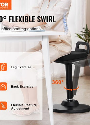 Active Chair with Handle, Height-Adjustable (24.6-34.4") Wobble Chair Made of Elastic Fabric & 45 mm Foam, Ideal for Schools, Office and Home, 8° Tilt Angle, Age 12-18, Black