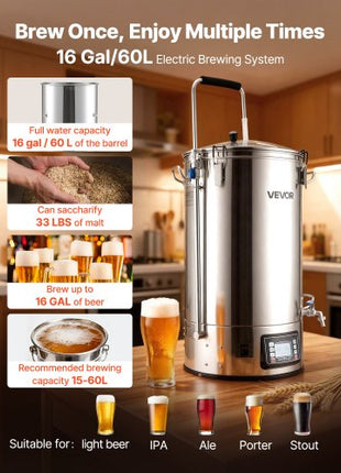 Beer Brewing Equipment, 16 Gal/60L Beer Maker with Anti-Burn Pump and Wort Chiller,3000W All-in-One Home Brewing Kit with Digital Control, Recipe Memory & Timer, Removable mesh strainer