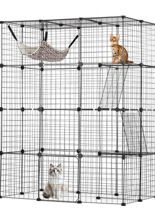 Large 4-tier Cat Cage, 41 x 28 x 55", Detachable Metal Wire Cat Enclosure, with 4 Front Doors Hammock Ramp ladders, Indoor & Outdoor Crate Exercise Place Ideal for Kitty, Small Animals, Black