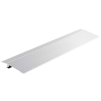 Aluminum threshold ramp in silver, featuring grooved texture for slip resistance, ideal for doorways and accessibility.