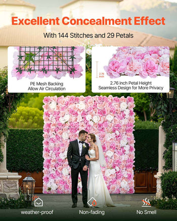 3D Flower Wall Panel, 12 PCS 15 x 15 inch, Artificial Floral Wall Background Mesh Backing Mat,Seamless Design&Easy Installation for Wedding Valentines Day Home Baby Party Backdrop Decor,Pink