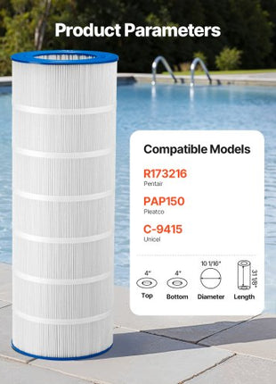 Pool Filter Cartridge, 150 Sq. Ft Spa Hot Tub Filter Cartridge Replacement, Compatible with Pentair R173216, Pleatco PAP150, Secure for Kids & Pet, Trilobal Pleated, Easy to Clean
