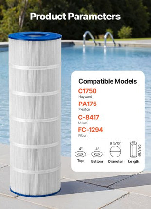 Pool Filter Cartridge, 175 Sq. Ft Spa Hot Tub Filter Cartridge Replacement, Compatible with Pleatco PA175, Hayward C1750, Secure for Kids & Pet, Trilobal Pleated, Easy to Clean