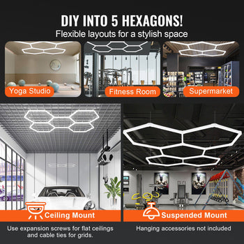 Hexagon Garage Lights, 26400LM, 6500K 5 Grid Systems Honeycomb Hexagonal Garage LED Lights, DIY Cool White Car Detailing Garage Ceiling Lighting Bright Shop Light for Gym Basement Workshop