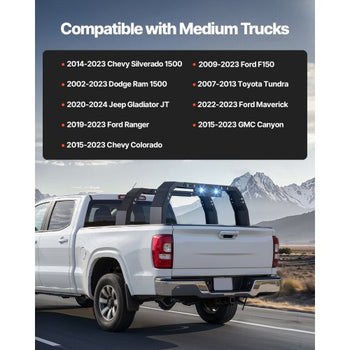 Overland Truck Bed Rack, 14.4-17.3 in Height, Adjustable Bed Cargo Rack with Security LED Light, Compatible with Ram 1500/Tundra/Silverado 1500/F150/Gladiator JT/Colorado/Canyon/Ranger/Maverick