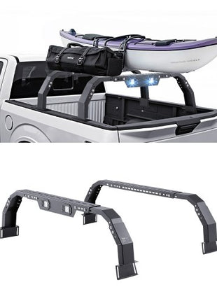 Overland Truck Bed Rack, 14.4-17.3 in Height, Adjustable Bed Cargo Rack with Security LED Light, Compatible with Ram 1500/Tundra/Silverado 1500/F150/Gladiator JT/Colorado/Canyon/Ranger/Maverick