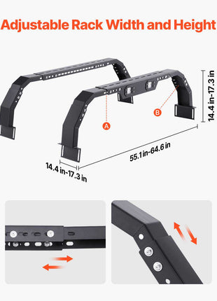 Overland Truck Bed Rack, 14.4-17.3 in Height, Adjustable Bed Cargo Rack with Security LED Light, Compatible with Ram 1500/Tundra/Silverado 1500/F150/Gladiator JT/Colorado/Canyon/Ranger/Maverick