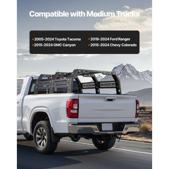 Overland Truck Bed Rack, 51.2-65.4 in Width, Adjustable Overland Bed Cargo Rack with Sidebar, 900 lbs Static Capacity, Compatible with Mid-Size Trucks Tacoma/Ranger/Gladiator JT/Colorado/Canyon