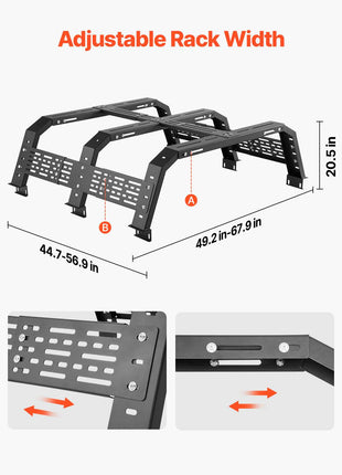 Overland Truck Bed Rack, 49.2-67.9 in Width, Adjustable Overland Bed Cargo Rack with Sidebar, 900 lbs Static Capacity, Heavy Duty Steel, for Mid-Size Trucks, Compatible with Tacoma/Gladiator JT