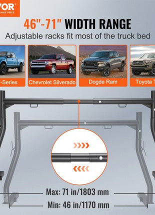 Truck Rack, 46-71inch Extendable Truck Ladder Rack, 800 lbs Capacity Steel Ladder Rack for Truck with Non-Drilling J-bolts, Heavy Duty Truck Bed Rack for Kayak, Surfboard, Lumber, Ladder