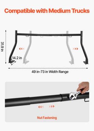 Truck Ladder Rack, 49-73 in Width, Extendable Universal Cargo Rack, Heavy Duty Steel with 800 lbs Static Load Capacity, Ideal for Canoes, Surfboards, Ladders, Lumber, Tents, and Large Cargo