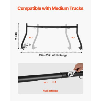 Truck Ladder Rack, 49-73 in Width, Extendable Universal Cargo Rack, Heavy Duty Steel with 800 lbs Static Load Capacity, Ideal for Canoes, Surfboards, Ladders, Lumber, Tents, and Large Cargo