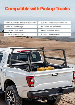 Truck Ladder Rack, 21-31.5 in Height, Adjustable Non-Drilling Aluminum Cargo Rack with Sidebar, 800 lbs Static Capacity, Ideal for Canoes, Surfboards, Ladders, Lumber, Tents, and Large cargo