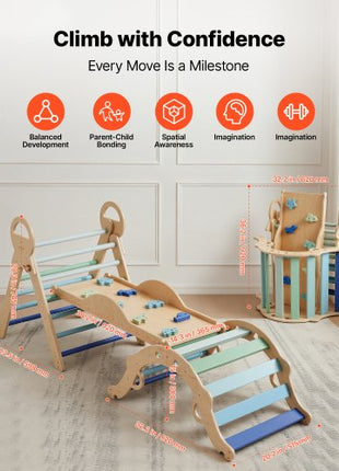 Pikler Triangle Set, 9-in-1 Toddler Climbing Toys Indoor, with 2 Wooden Cars, Cushion, Triangle, Arch, and Ramp, 150 lbs Load, Foldable Montessori Climbing Set for Toddlers and Kids, Blue